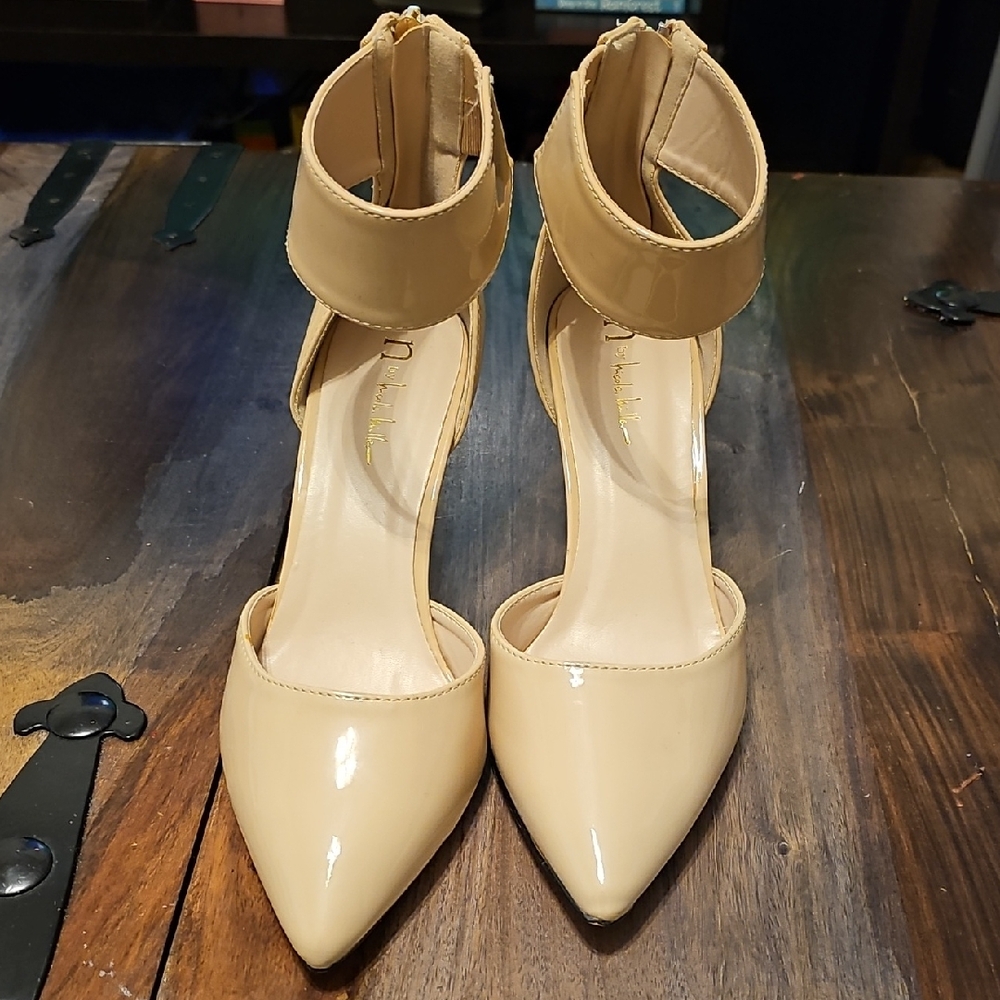 Elegant Nude Patent Heels with Ankle Strap